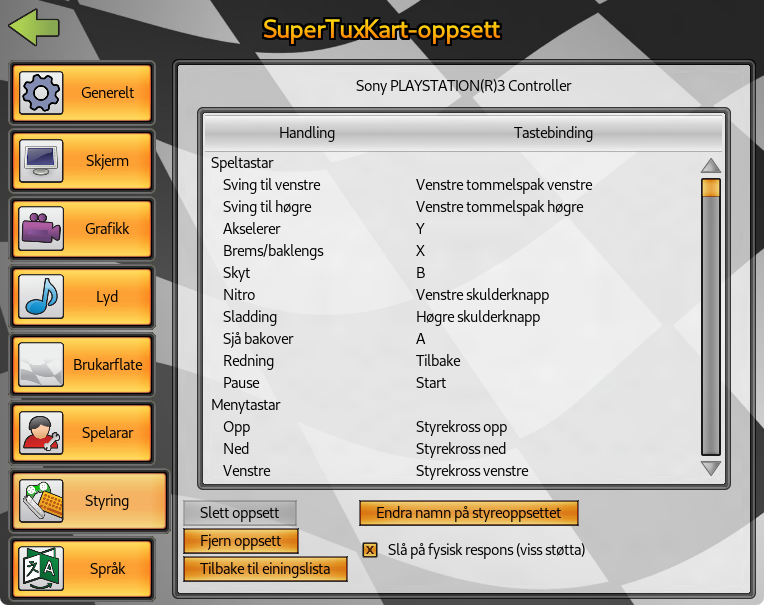 Bilete av oppsett av styring i eit bilspel. Det er ei liste med handlingar, for eksempel «Sving til venstre» og «Akselerer», med tilhøyrande spelkontrollar-knappar, for eksempel «Venstre tommelspak venstre» og «Y».